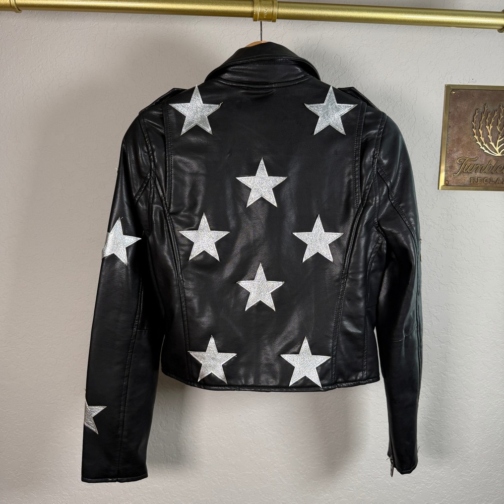 Blank NYC Black Vegan Leather Star Moto Jacket Silver Metallic 24XA5079 XS - Picture 7 of 8